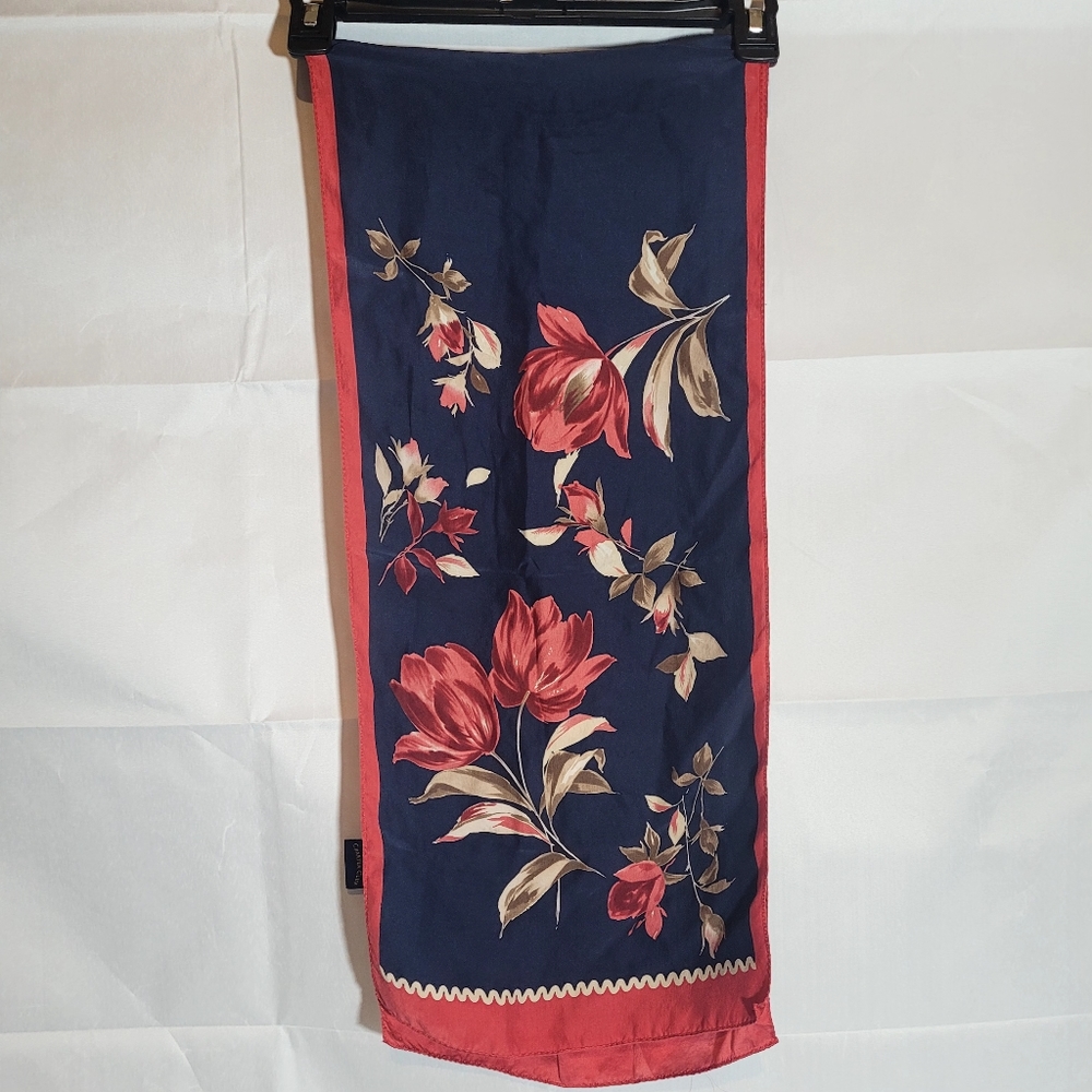CHARTER CLUB 100% silk floral scarf blue/red/tan 11"x50"